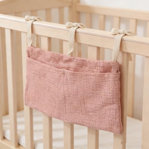 Muslin Cotton Baby Bedside Hanging Storage Bag, 2-Pocket Crib Diaper Caddy - Image 4