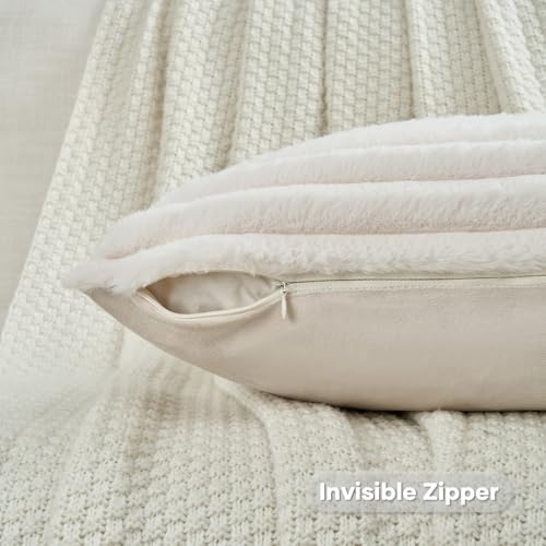 FUTEI Pack of 2 Faux Fur Throw Pillow Covers 18x18 Inch, Light Beige - Image 3