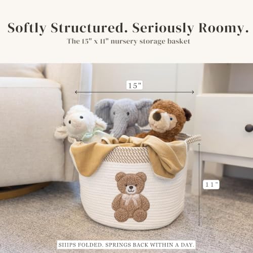 Teddy Bear Baby Storage Basket, Woven Cotton Rope Nursery Bin, 15x11 in - Image 2