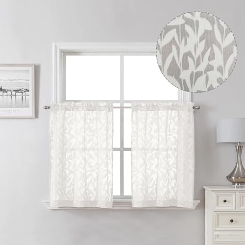 Lecloud Leia Ivory Sheer Kitchen Curtains 24 Inch Length 2 Pcs, Jacquard by Lecloud