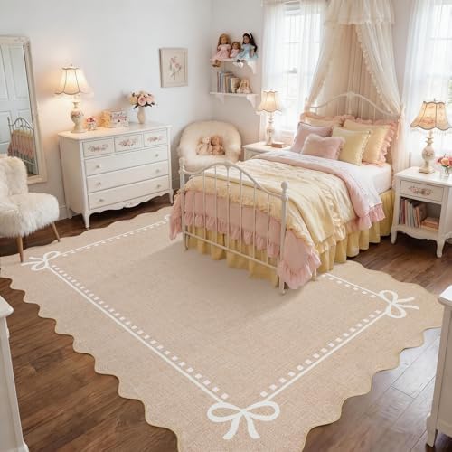 Garvee Scalloped Bow Rug Camel Washable Solid 3x5 Area Rugs - Image 2
