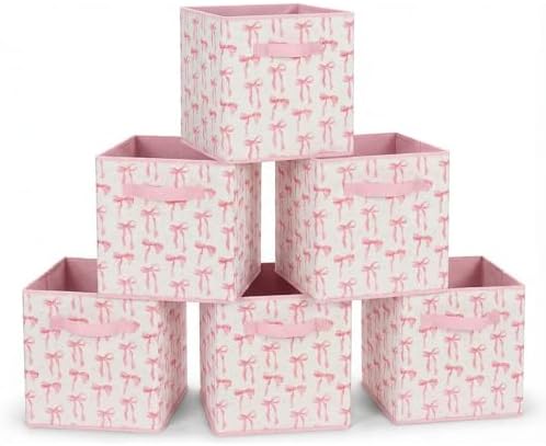 6 Pcs Pink Bow Cube Storage Bins 12.5 Inch Pink Storage Basket by BBSET