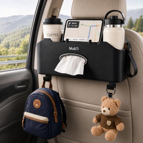 Back Seat Car Organizer with Cup Holders Tissue Box, Phone Stand and Hooks by MuTi-Design