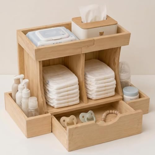 Diaper Organizer with Drawer, Wooden Changing Table Organizer - Image 2