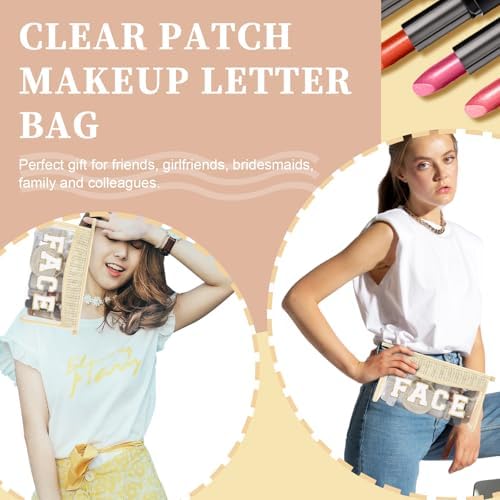 Clear Patch Makeup Letter Bag, Boho Preppy Chenille Letter Cosmetic Bag - Image 5