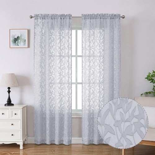 Lecloud Leia Light Grey Sheer Curtains 84 Inches Long 2 Panels, Semi Sheer by Lecloud