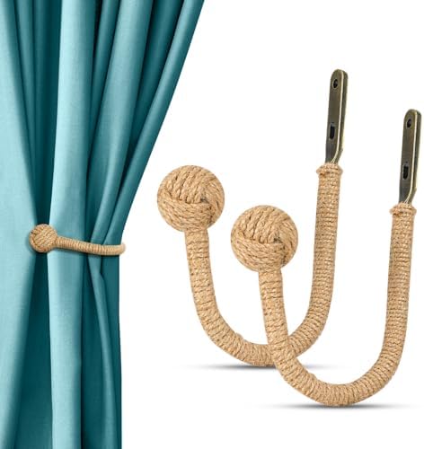 Hand Woven Jute Curtain Holdbacks, Wall Mounted Hooks 2 Pack by BLUEPG