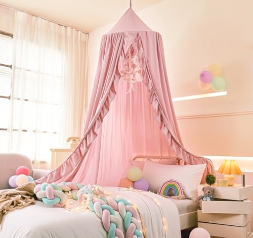 Mengersi Bed Canopy for Girls, Ruffled Canopy Bed Curtains Canopy for Girls Room by Mengersi