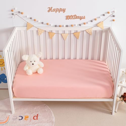 NTBAY Crib Muslin Fitted Sheets, 2 Pack, 28 x 52, Coral Pink - Image 5