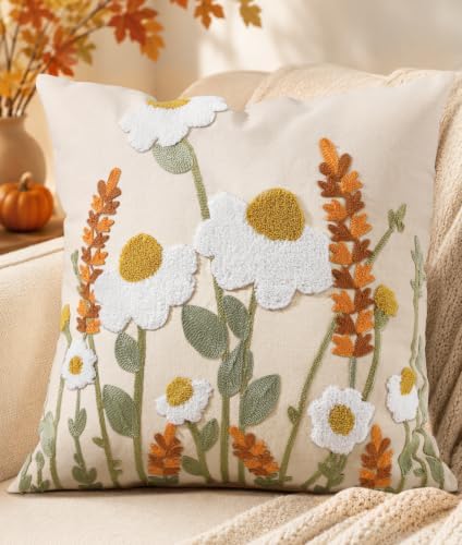 Embroidered Throw Pillow Cover, 18x18 Inch, Fall Wildflower by Kokaaee