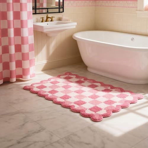 ORTIGIA Cute Pink Checkered Scalloped Bath Mat, Fun Plush Microfiber Bathroom by ORTIGIA