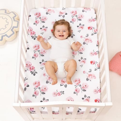 PHF 3 Pack Soft Rose Floral Crib Sheets Fitted, Silky Comfy Breathable Baby - Image 2