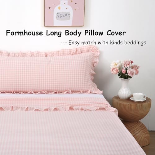 Blush White Gingham Ruffle Body Pillow Cover 20"x54" - Image 3