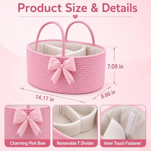 Hushee Pink Bow Baby Diaper Caddy Organizer Bag Basket - Image 4