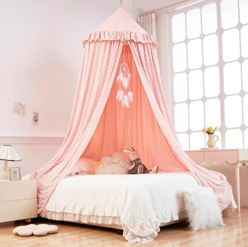 Mengesi Bed Canopy with Pom Pom- Lace Chiffon Canopy Bed Curtains, Double by Mengersi