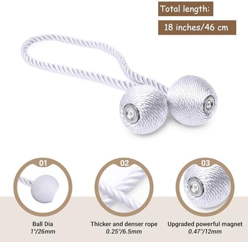 Hion Magnetic Curtain Tiebacks White 2pcs, Curtain Holdbacks Hooks Holders - Image 2