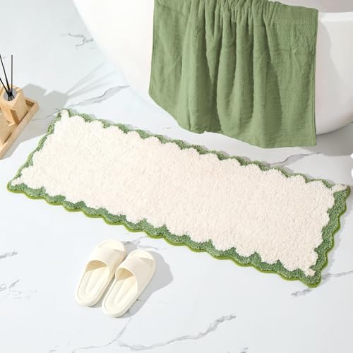 ORTIGIA Long Cute Scalloped Bathroom Rugs Runner, Fun White and Green Plush by ORTIGIA