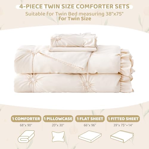 Twin Comforter Set for Girls, Boho Pintuck Bedding Comforter Sets, 4 Pieces - Image 5