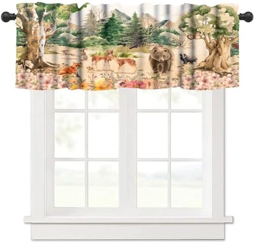 Forest Valance Curtain for Kitchen, Window Treatment Retro Mountain Forest by LOMADIA