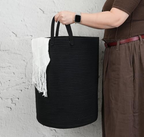 Woven Cotton Rope Laundry Basket Hamper 16" x 22" Large Black - Image 3
