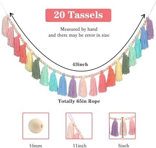 Rainbow Pastel Yarn Wood Bead Tassel Garland Wall Hanging Decor Boho Preppy - Image 2