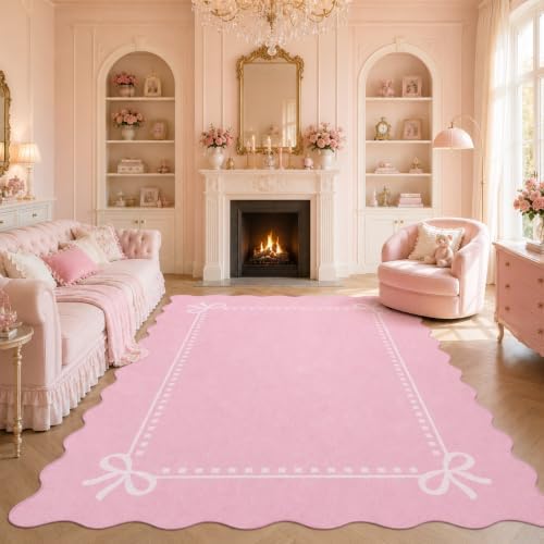 Garvee Scalloped Bow Rug for Living Room Washable Solid Pink 5x7 Area Rugs by Garvee