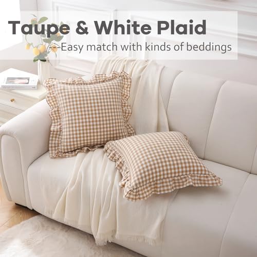 2 Pack Taupe White Gingham Ruffle Throw Pillow Covers 18''x18'' - Image 2