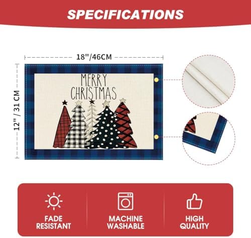Artoid Mode Blue Waterclor Buffalo Plaid Christmas Trees Placemats Set of 4 - Image 6
