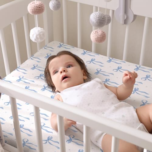 Peryiter 4 Pack Crib Sheets for Baby 52'' X 28" Blue Bow Crib Sheet - Image 5