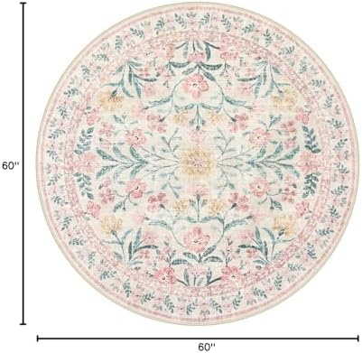 Wonnitar Pink Floral Round Rugs 5ft, Soft Circle Rug Non Slip Washable Round - Image 2