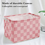 Ohocut Pink Coral Checkered Canvas Basket, Rectangular Organizing Decorative - Image 5