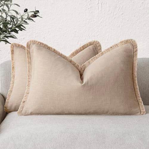 Foindtower Boho Linen Fringe Lumbar Throw Pillow Covers 12×20 Tan Beige by Foindtower