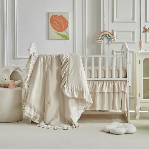 Lace Ruffle Crib Bedding Set 3 Pieces Baby Boho Lace Quilted Comforter by Uozzi+Bedding