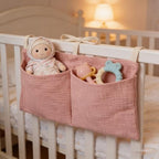 Muslin Cotton Baby Bedside Hanging Storage Bag, 2-Pocket Crib Diaper Caddy - Image 3