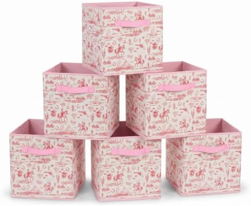 6 Pcs Pink Western Cube Storage Bins 12.5 Inch Cowgirl Storage Basket by BBSET