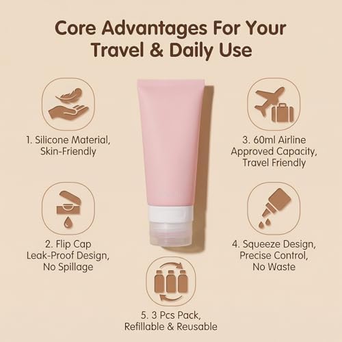 3PCS 60ml/2oz Empty Refillable Pink Soft Silicon Squeeze Tube Portable Travel - Image 3