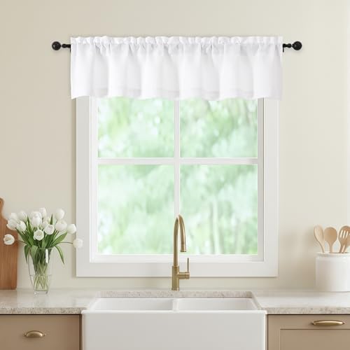 White Valances for Windows, Light Filtering Faux Linen Textured Small Short by WelvetBLK