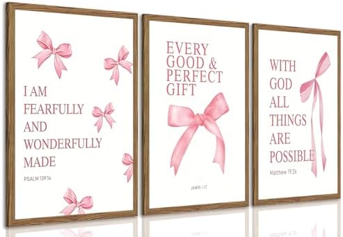 JBZDD Wood Coquette Pink Bow Canvas Wall Art Set of 3, Inspirational Bible by JBZDD