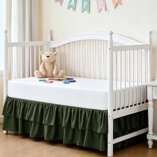 Ruffled Crib Bed Skirt, Olive Green, Soft Double Layer by Cobedzy