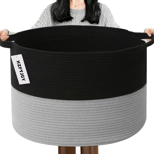 115L Large Blanket Basket, Woven Laundry Basket-Black&Light Grey by HZFTJOY