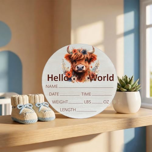 Highland Cow Baby Announcement Sign, Wooden Nursery Name Plaque 6in - Image 4