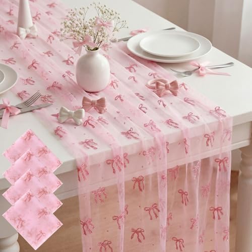 4 Pcs Pink Bow Table Runners 29 X 70 Inch Tulle Lace Party by Windkream