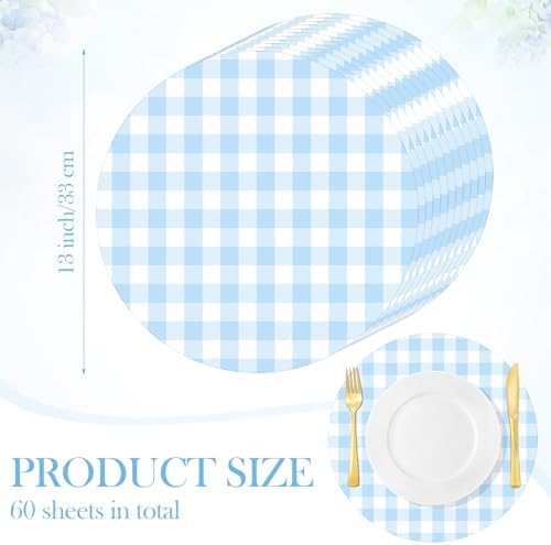 Funnymoom 60 Pcs Blue and White Gingham Disposable Paper Placemats Round Table - Image 3