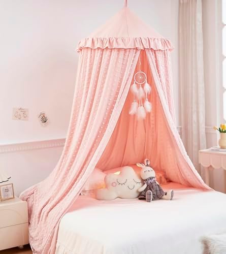 Mengesi Bed Canopy with Pom Pom- Lace Chiffon Canopy Bed Curtains, Double - Image 3