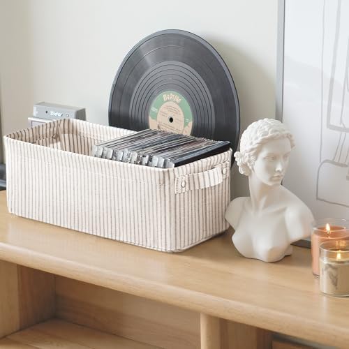 StorageWorks Fabric Narrow Storage Bins, Khaki and Beige Stripes - Image 3