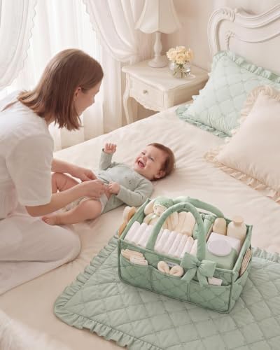 Blissful Diary Baby Diaper Caddy Organizer, Nursery Basket, Bow Sage Green - Image 6