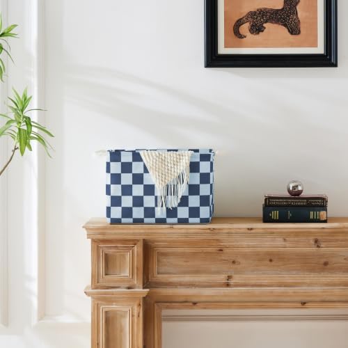 Ohocut Navy Blue Checkered Canvas Basket, Rectangular Organizing Decorative - Image 2
