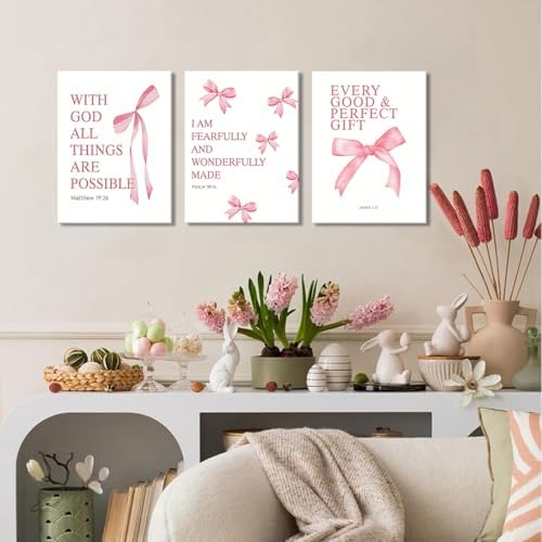 Coquette Pink Bow Canvas Wall Art Set of 3 Inspirational Bible Verses Decor - Image 6