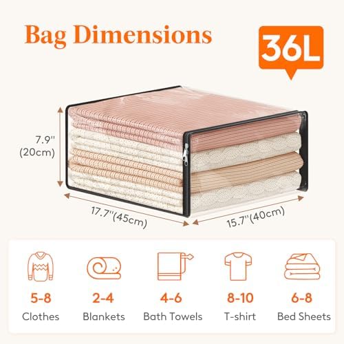 Lifewit 36L Clear Sheet Storage Bags 6 Pack, Zippered Clothes Storage Bags - Image 2