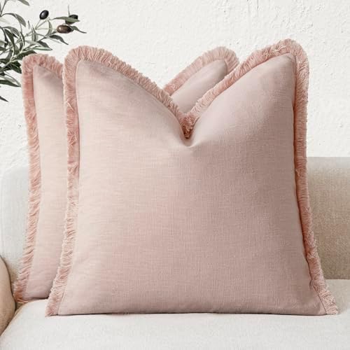 Foindtower Decorative Linen Fringe Throw Pillow Covers 16×16 Light Pink by Foindtower